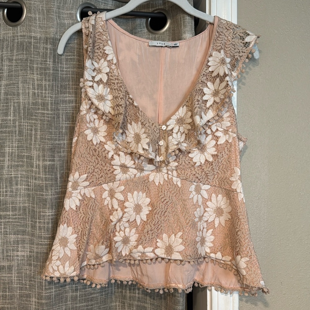 Pink and cream floral sleeveless blouse